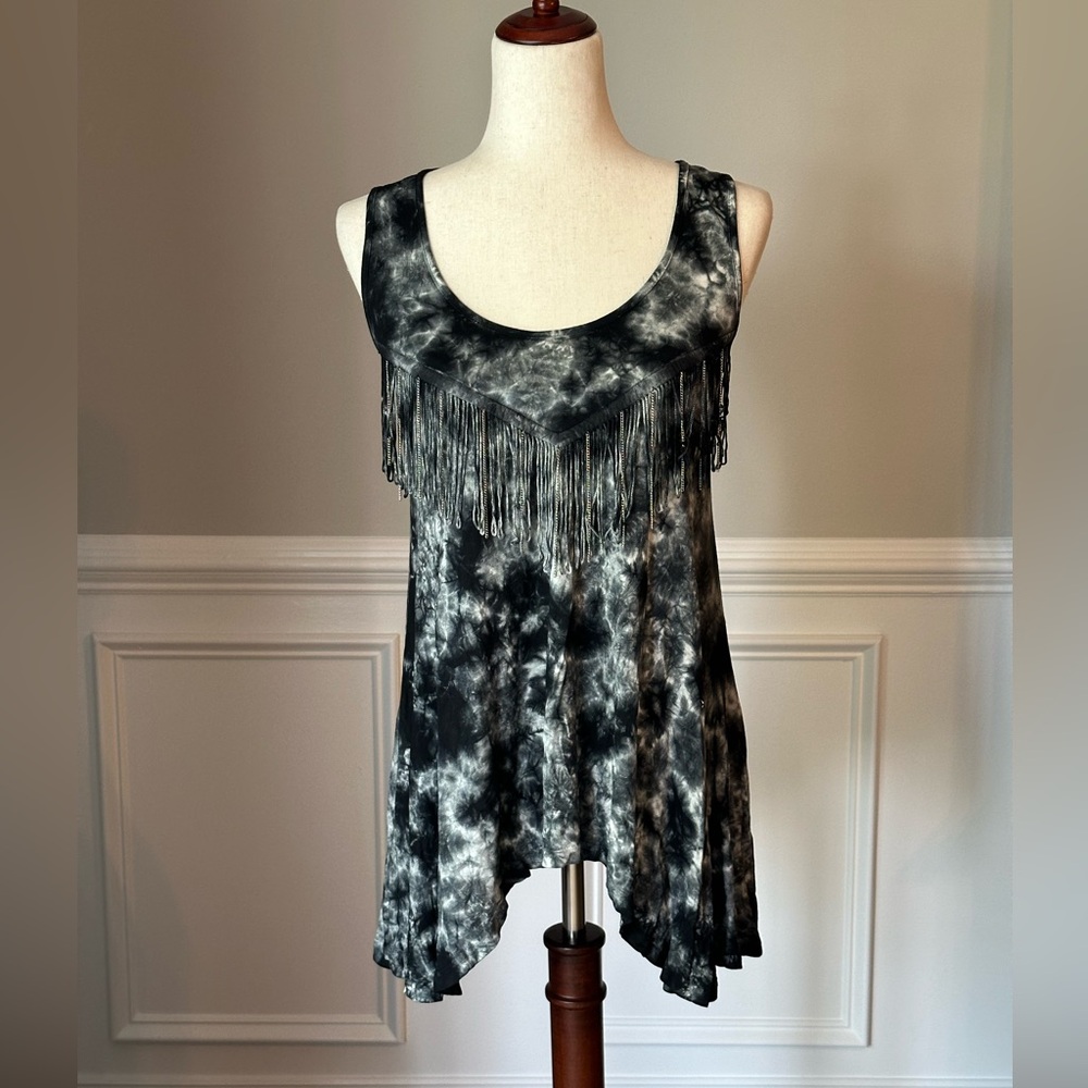 RAGA Anthropologie Sleeveless Tie-Dye Long Tank Top with Fringe size Small NWT
